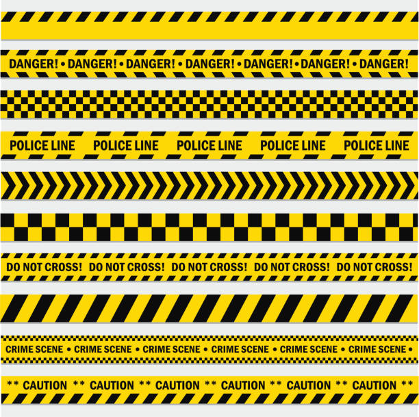 Black and yellow stripes Black and yellow stripes. Barricade tape, Do not cross, police, crime danger line, bright yellow official crime scene barrier tape. Vector flat style cartoon illustration isolated on white background law enforcement and crime stock illustrations