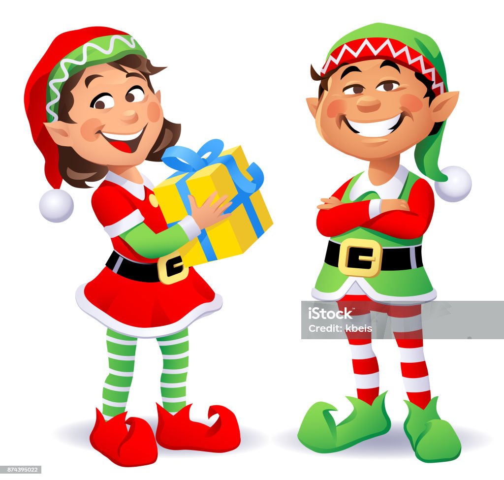 Cute Christmas Elves Vector illustration of two cheerful Christmas elves wearing santa hats and pantyhoses. A boy having his arms crossed, and a girl carrying a christmas present, looking at the camera. Elf stock vector