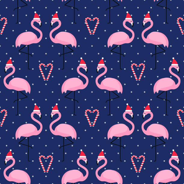 ilustrações de stock, clip art, desenhos animados e ícones de flamingo in xmas hat with candy cane heart seamless pattern on blue polka dots background. - hard candy candy pink wrapping paper