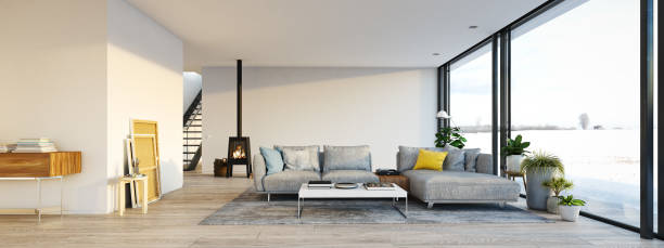 istock 3d rendering. living room with cast iron fireplace in modern loft apartment. 874398788