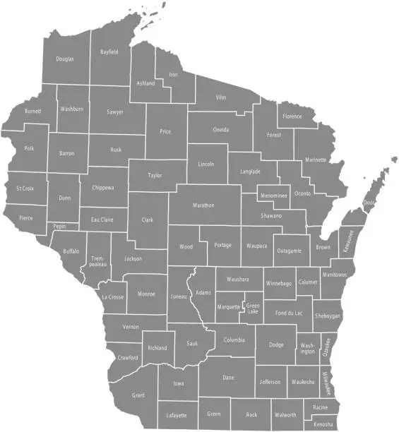 Vector illustration of Wisconsin county map vector outline illustration in gray background