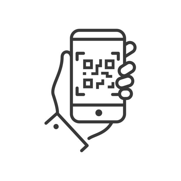 QR code scanner - line design single isolated icon QR code scanner - line design single isolated icon on white background. An image of a hand holding a smartphone. High quality black pictogram qr code stock illustrations