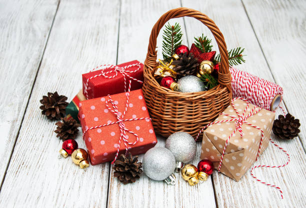 istock Christmas baubles in basket 874405992