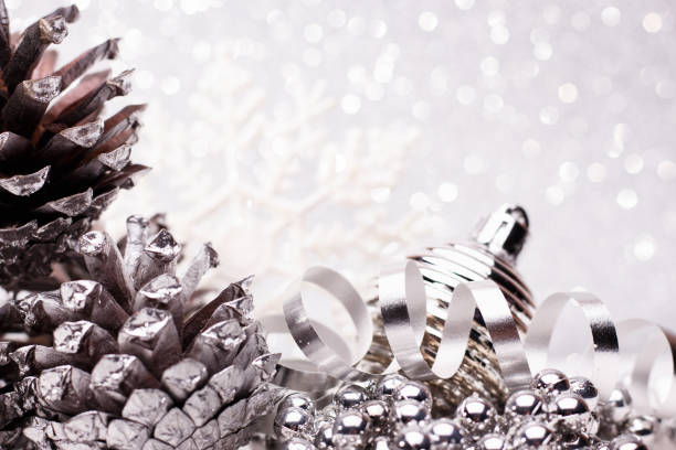 istock Christmas composition of Christmas tree toys on a silver background 874406842