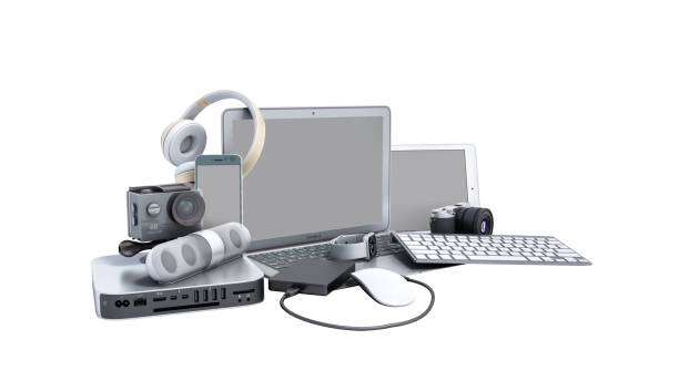 collection of consumer electronics 3D render on white no shadow background