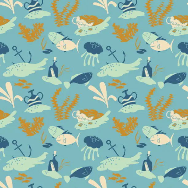 Vector illustration of Vector wallpaper with fishers, jellyfishes and old vases with gold.