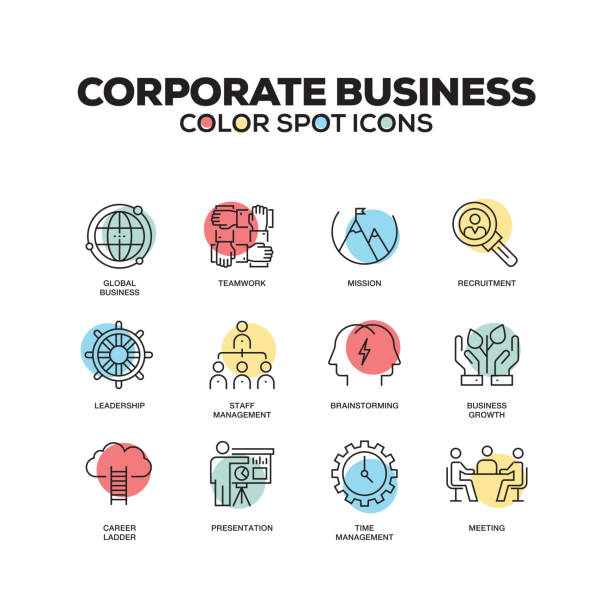 illustrazioni stock, clip art, cartoni animati e icone di tendenza di set semplice di icone della linea vettoriale del colore aziendale - multi ethnic group occupation business team