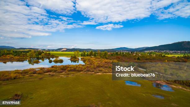 Aerial Drone View Of Amazing Autumn Colors On The Lake Cerknisko Lake Slovenia Stock Photo - Download Image Now