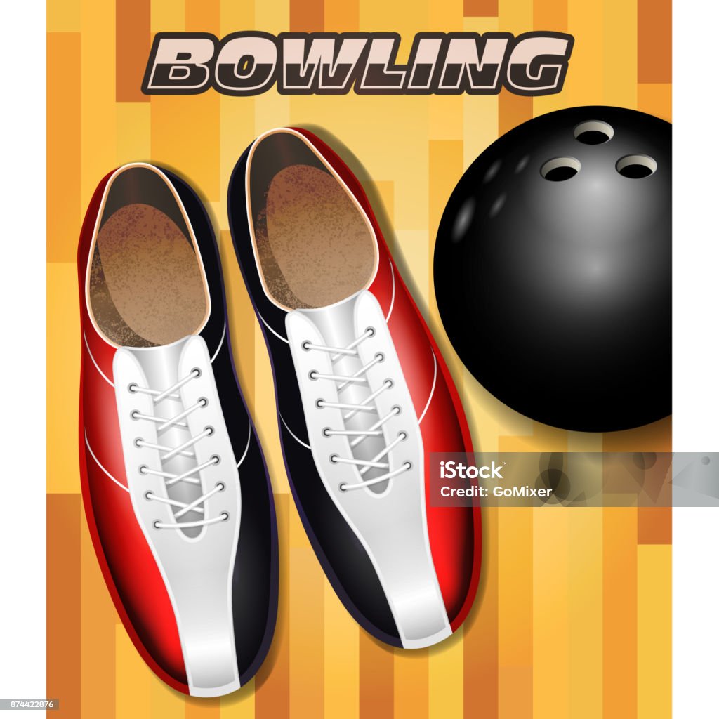 Bowling shoes and ball on bowling court parquet surface Bowling Ball stock vector