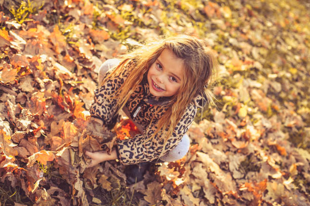istock Little girl playing with fallen leaves. 874428598