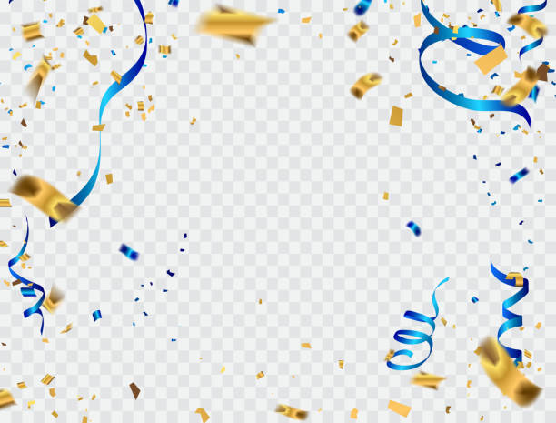 紙吹雪金とお祝いの背景テンプレートとブルーのリボン。新しい年 - year点のイラスト素材／クリップアート素材／マンガ素材／アイコン素材