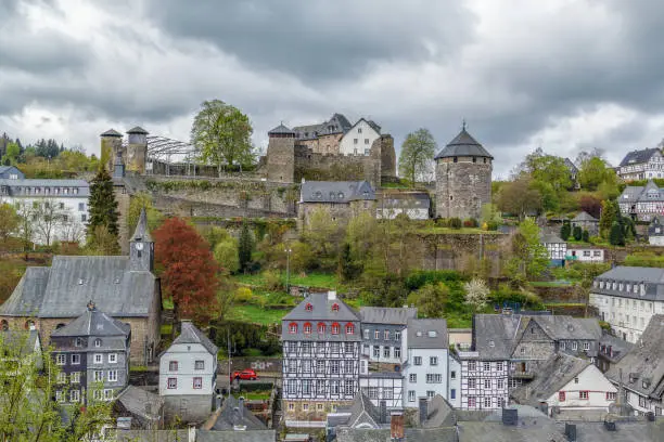 View of Monschau historic center and castle from the hill top, Germany