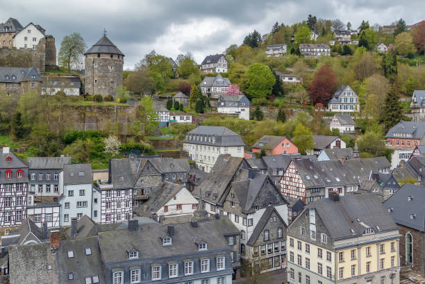 istock view of Monschau with castle from hill, Germany 874438086