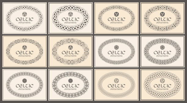 Celtic knot braided oval frame border ornament. A4 size. Celtic knot braided oval frame border ornament. A4 size. Vector illustration set. picture frame frame ellipse black stock illustrations