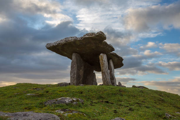 Poulnabrone ancient landmark, just after sunrise in November, with blue sky and clouds behind