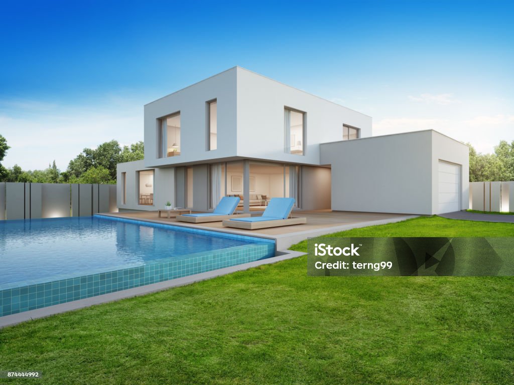 Luxury house with swimming pool and terrace near lawn in modern design, Empty front yard at vacation home or holiday villa for big family 3d rendering of building and swimming pool Swimming Pool Stock Photo