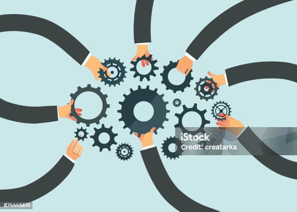 Business Teamwork Concept People Hands Holding Cog Wheels Stock Illustration - Download Image Now