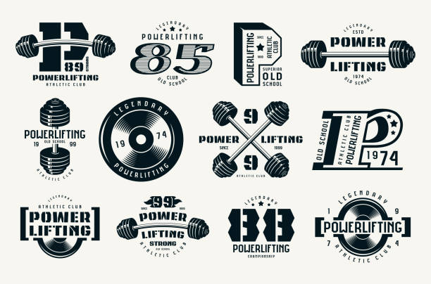 ilustrações, clipart, desenhos animados e ícones de crachás e emblemas de levantamento de peso - powerlifting