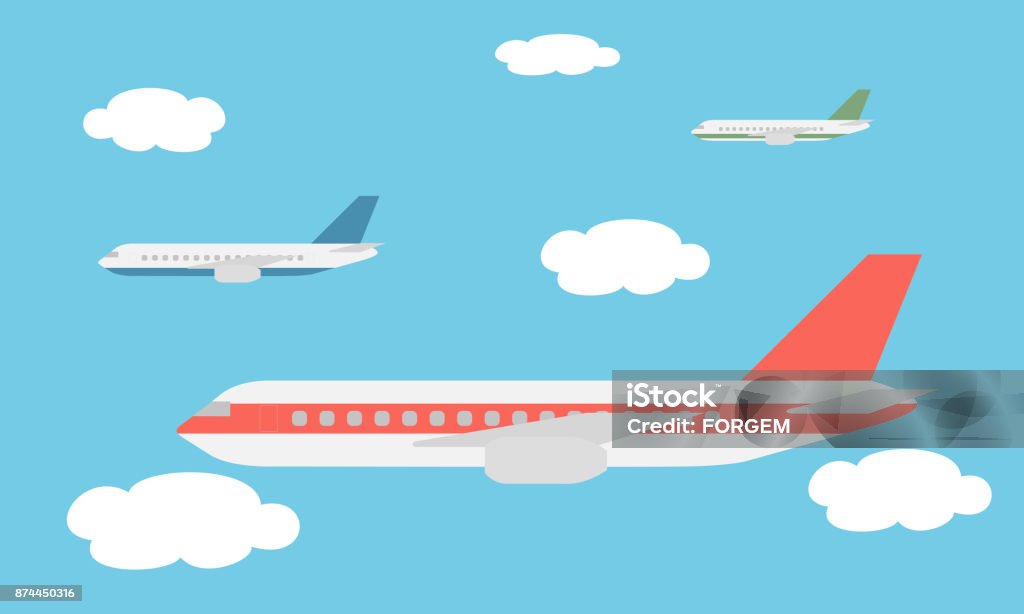 Ver os do grande e rápido três aviões de linha, voando entre as nuvens no céu azul - vector - Vetor de Avião royalty-free