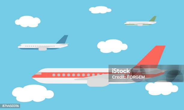 Vetores de Ver Os Do Grande E Rápido Três Aviões De Linha Voando Entre As Nuvens No Céu Azul Vector e mais imagens de Avião