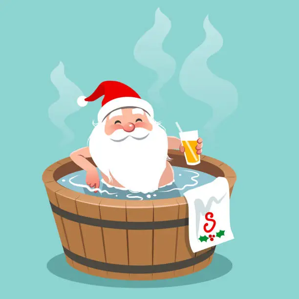 Vector illustration of Vector cartoon illustration of Santa Claus sitting in a wooden barrel hot tub, holding glass of orange juice. Christmas theme design element, flat contemporary style, isolated on aqua blue