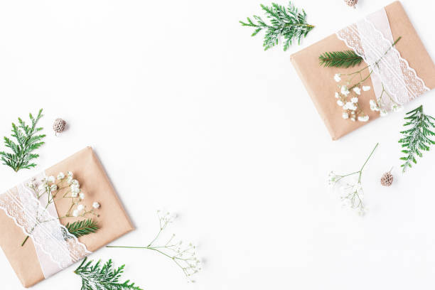 istock Christmas gifts frame on white background. Flat lay, top view 874457142