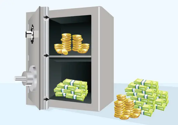 Vector illustration of Icon of an open safe with money and gold