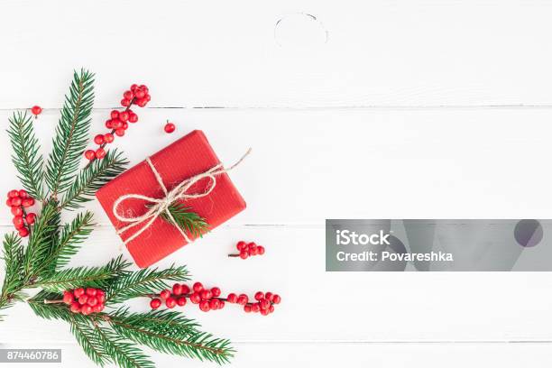 Christmas Gift Fir Tree Branches Flat Lay Top View Stock Photo - Download Image Now