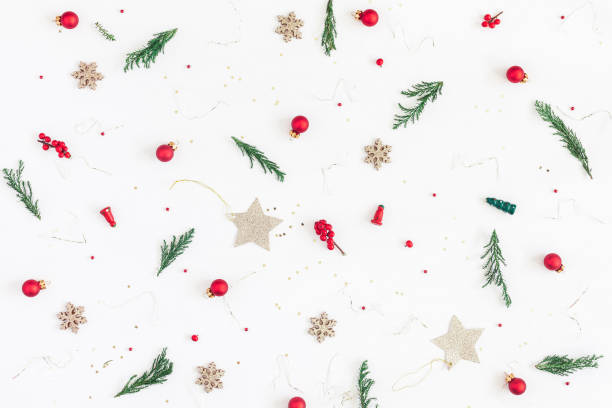 istock Christmas tree branches, golden decorations. Flat lay, top view 874461658