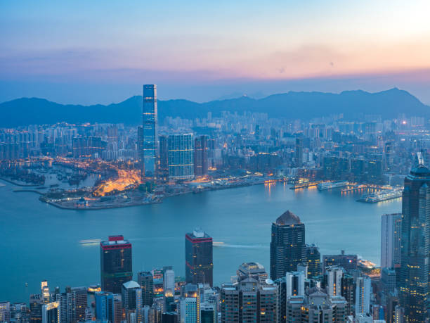 Hong Kong beautiful twilight morning view from Victoria Peak stock photo