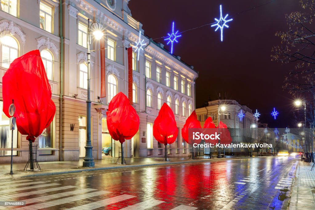 Christmas Gediminas prospect, Vilnius, Lithuania Decorated and illuminated Christmas Gediminas prospect and Cathedral Belfry at night, Vilnius, Lithuania, Baltic states. Midsection Stock Photo