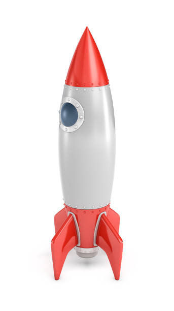 istock 3d rendering of a silver and red rocket ship with a round porthole standing on a white background. 874478078