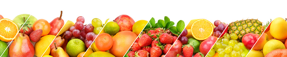 Panoramic collection fresh fruits isolated on white background. Wide photo with free space for text.