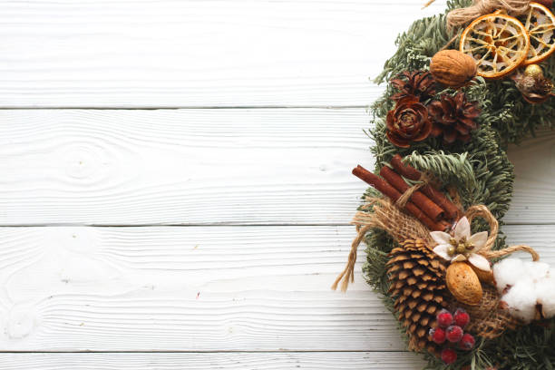 istock holiday decorations, christmas wreath on white wood background 874487146