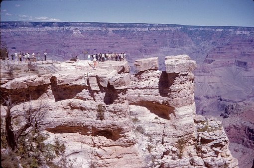 Grand Canyon National Park, Arizona, 1961. View deck with tourists at the Grand Canyon National Park.