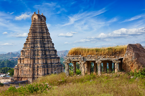 Gopura (or gopuram) tower of Virupaksha Temple. Hampi, Karnataka, India