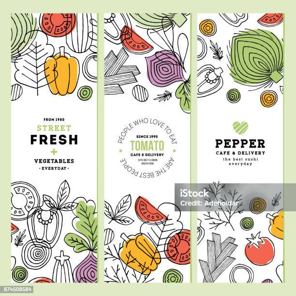 Vegetables Vertical Banner Collection Linear Graphic Vegetables Backgrounds Scandinavian Style Healthy Food Vector Illustration Stock Illustration - Download Image Now
