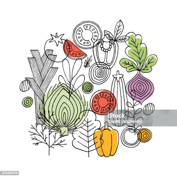 야채 라운드 구성 선형 그래픽입니다 야채 배경입니다 스 칸디 나 비아 스타일입니다 건강 한 음식입니다 벡터 일러스트 레이 션 음식에 대한 스톡 벡터 아트 및 기타 이미지