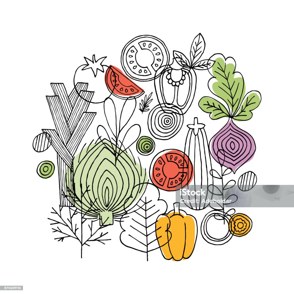 Vegetables round composition. Linear graphic. Vegetables background. Scandinavian style. Healthy food. Vector illustration Vector illustration Food stock vector