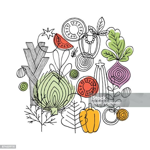 Vegetables Round Composition Linear Graphic Vegetables Background Scandinavian Style Healthy Food Vector Illustration Stock Illustration - Download Image Now