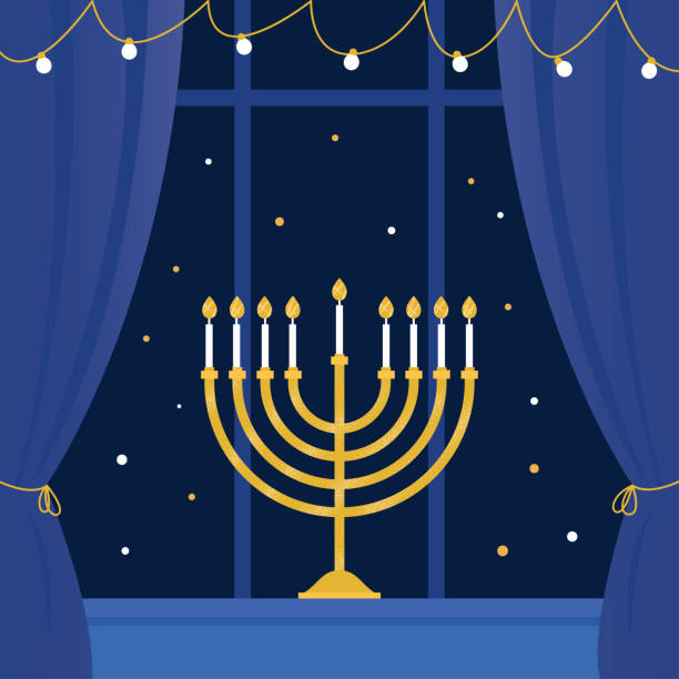 ilustraciones, imágenes clip art, dibujos animados e iconos de stock de menorah de hanukkah y ventana de la habitación. ilustración de vector - menorah