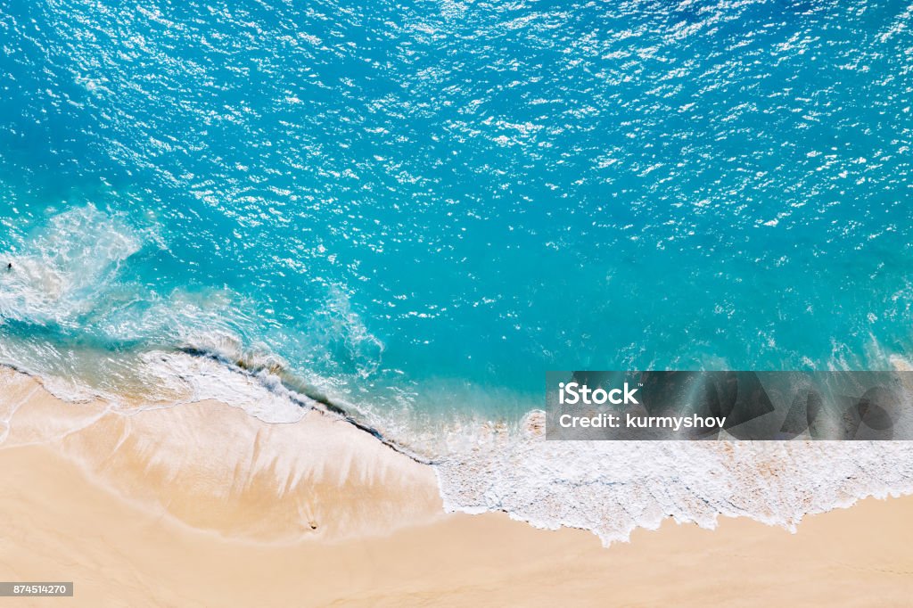 Aerial view to tropical sandy beach and blue ocean Sea Stock Photo