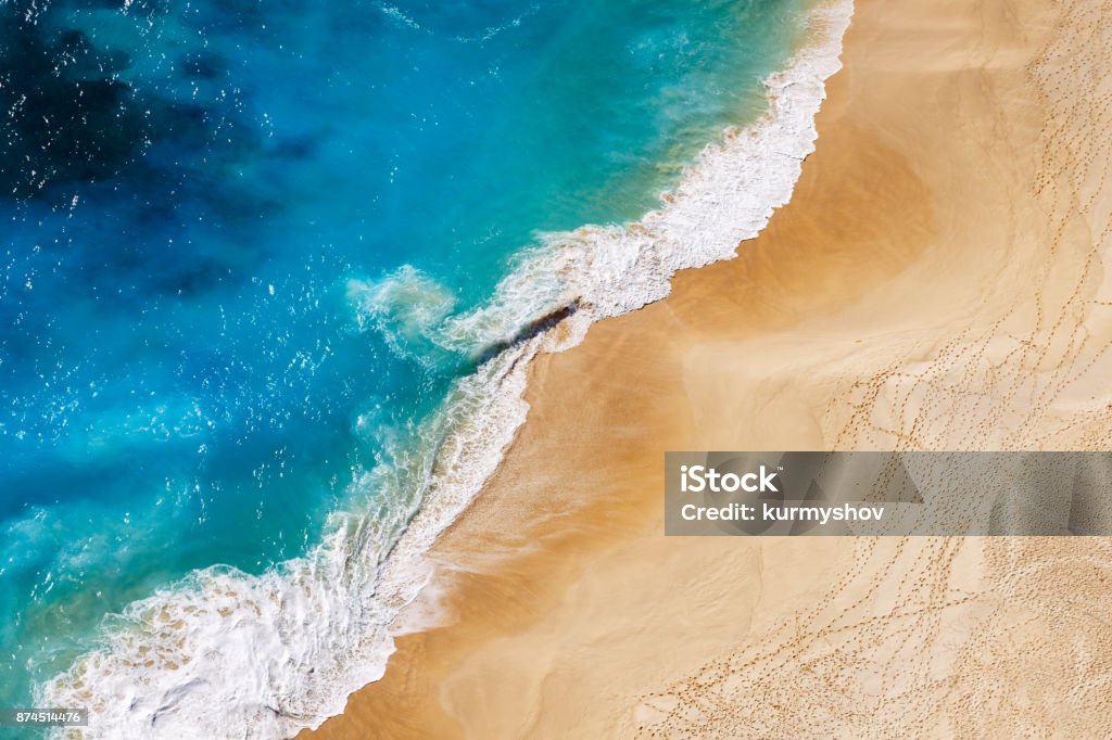 Aerial view to tropical sandy beach and blue ocean Beach Stock Photo