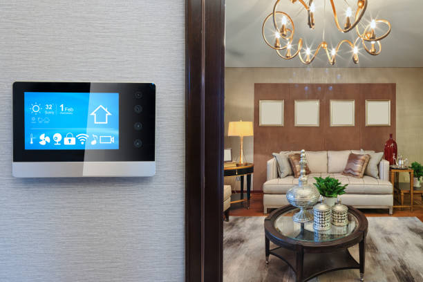 istock smart screen with smart home with modern living room 874515526