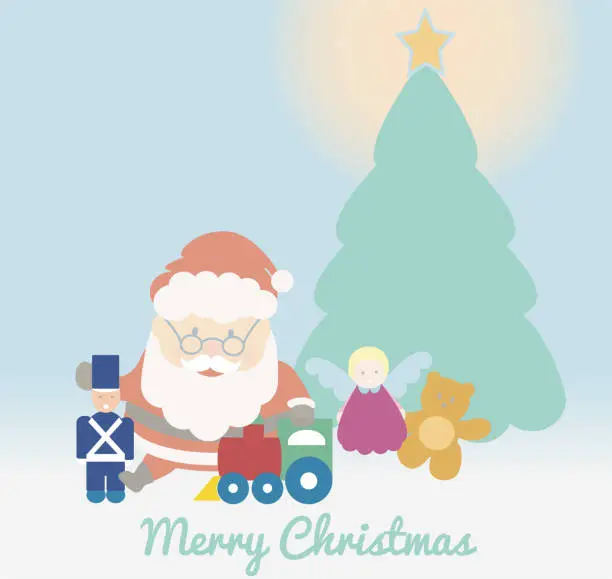 Vector illustration of Santa Claus playing with toys under the Christmas tree
