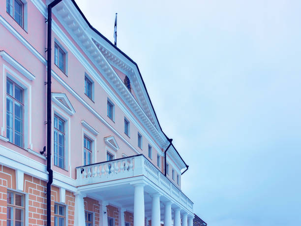 Parliament building with Estonian flag at the Old town, Tallinn, Estonia in winter