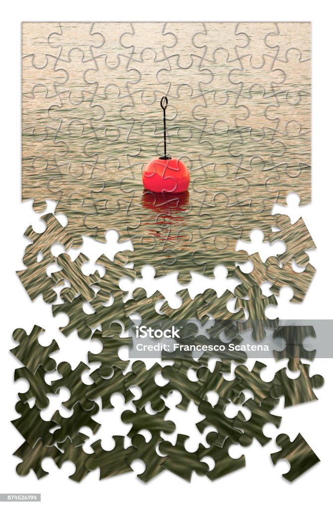 Build your security step by step - Concept image, with red bouy on a calm lake, in jigsaw puzzle shape" Anchored Stock Photo