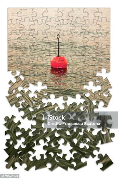 Build Your Security Step By Step Concept Image With Red Bouy On A Calm Lake In Jigsaw Puzzle Shape Stock Photo - Download Image Now