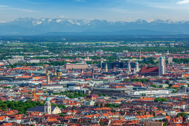 Aerial view of Munich. Munich, Bavaria, Germany Aerial view of Munich center  from Olympiaturm (Olympic Tower). Munich, Bavaria, Germany munich cathedral photos stock pictures, royalty-free photos & images