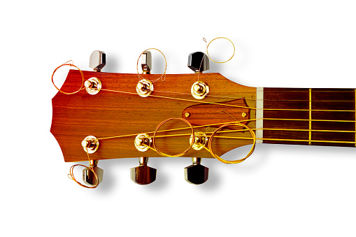 Detail of a wooden acoustic guitar with strings steel